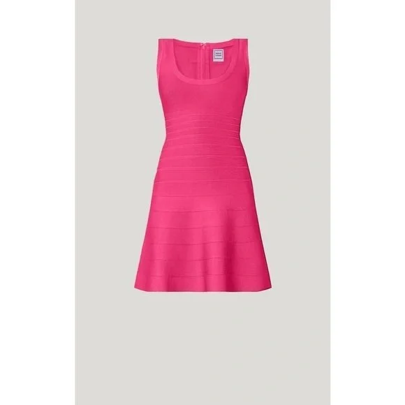NWT $1090 Herve Leger Fit And Flare Dress In Hot Pink